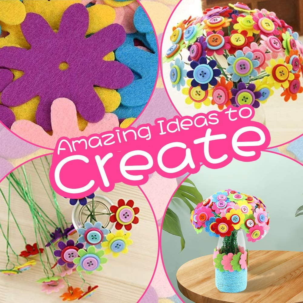 SHELLTON Flower Craft Kits for Kids – DIY Vase Craft Project with Buttons and Felt Flowers - Make Your Own Flower Bouquet - Fun Gift for Boys, Girls Age 4 5 6 7 8 9 Years Old