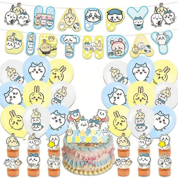 chikawa Themed Birthday Party Decoration Set, 30pc Includes Banner, Cake Toppers, Balloons, and Cupcake Decorations.