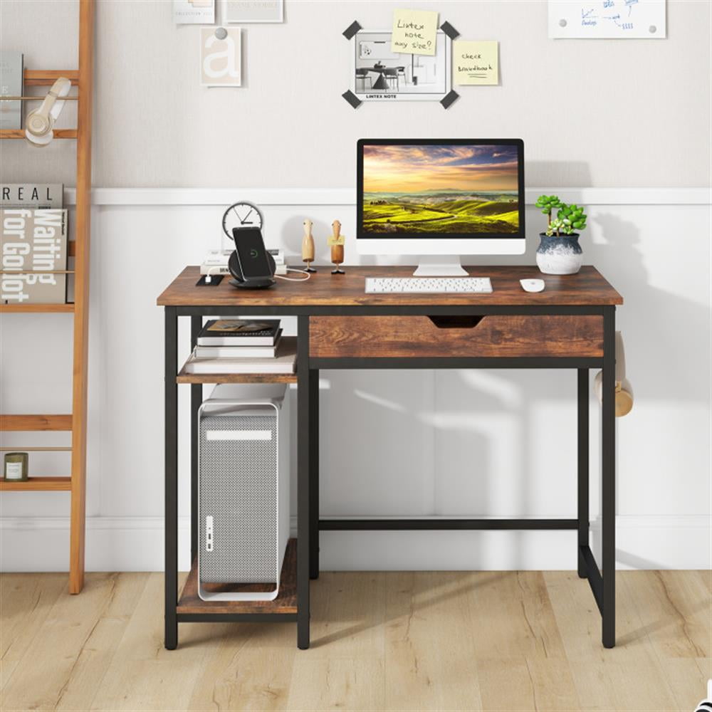 Demi Bonn 48" Computer Desk with Hutch and PE Rattan Cabinet Shelves, Small Home Office Desk Study Writing Table, Brown