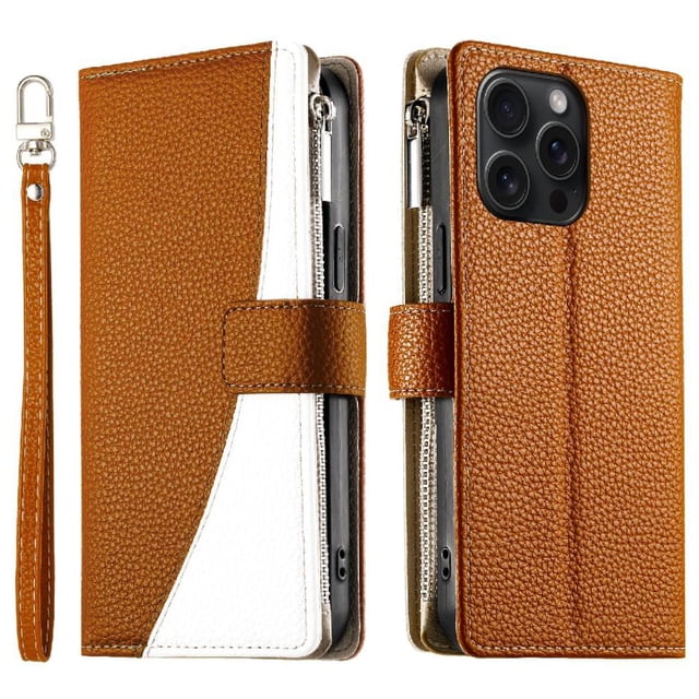Funda cartera GANGXUN para iPhone 15 Pro Max , cuero PU con tarjetero, cremallera, correa de mano, soporte y protección 878°