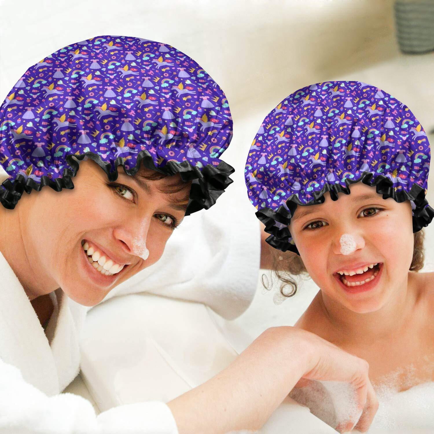 Shower Caps,Purple Cartoon Unicorn Rainbow Crown Waterproof Shower Cap for Women 4 Pieces,Double Reusable Hair Cover for Shower PEVA Elastic Stretch Hem