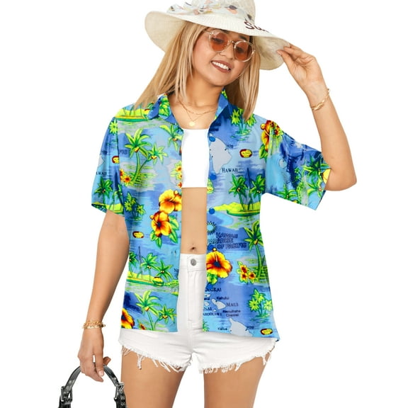 HAPPY BAY Women's Holidays Summer Short-Sleeve Blouses Button Down Hawaiian Shirt Tops Vacation Beach Boho Shirt For Women M plus-size Ocean Chart, Blue
