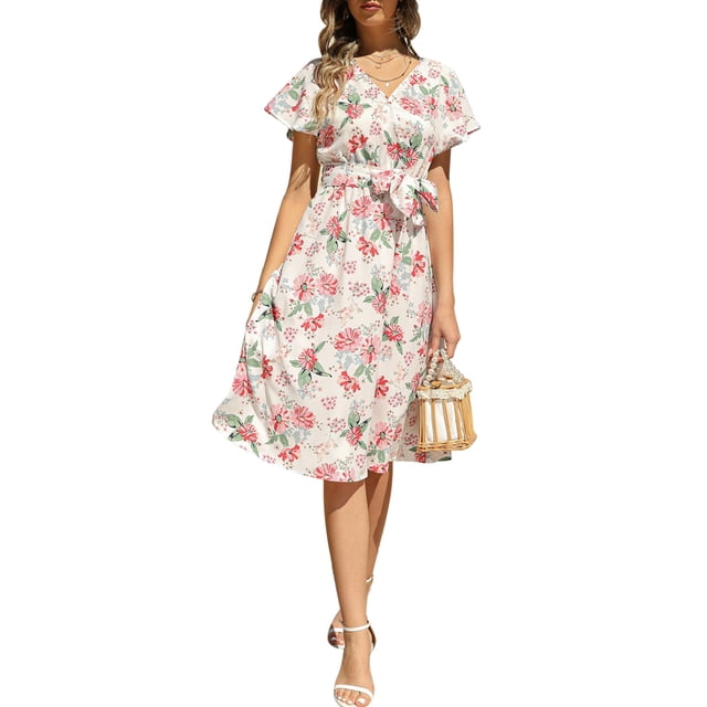 VISgogo Vestido casual de verano para mujer, estampado floral, cuello en V, manga corta, cinturón, una pieza para damas, blanco/rosa/azul claro/negro VISgogo moda
