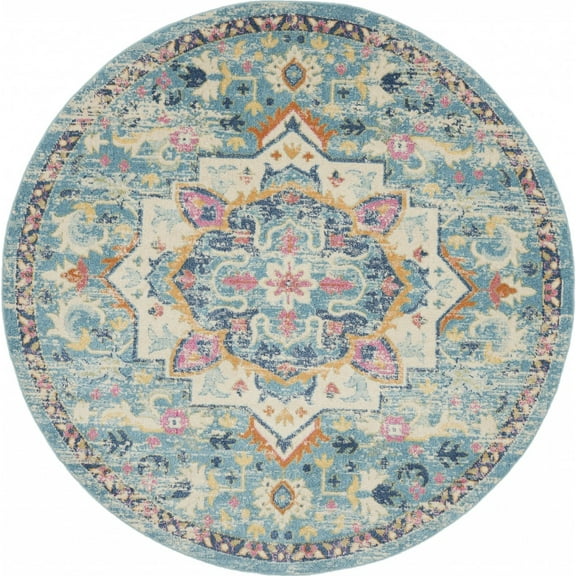 8â€™ Round Light Blue and Ivory Distressed Area Rug