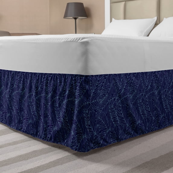 Tropical Bed Skirt, Natural Theme Exotic Palm Leaves in Monochrome Design Botanical Art, Elastic Bedskirt Dust Ruffle Wrap Around for Bedding Decor, 4 Sizes, Indigo and Pale Blue, by Ambesonne