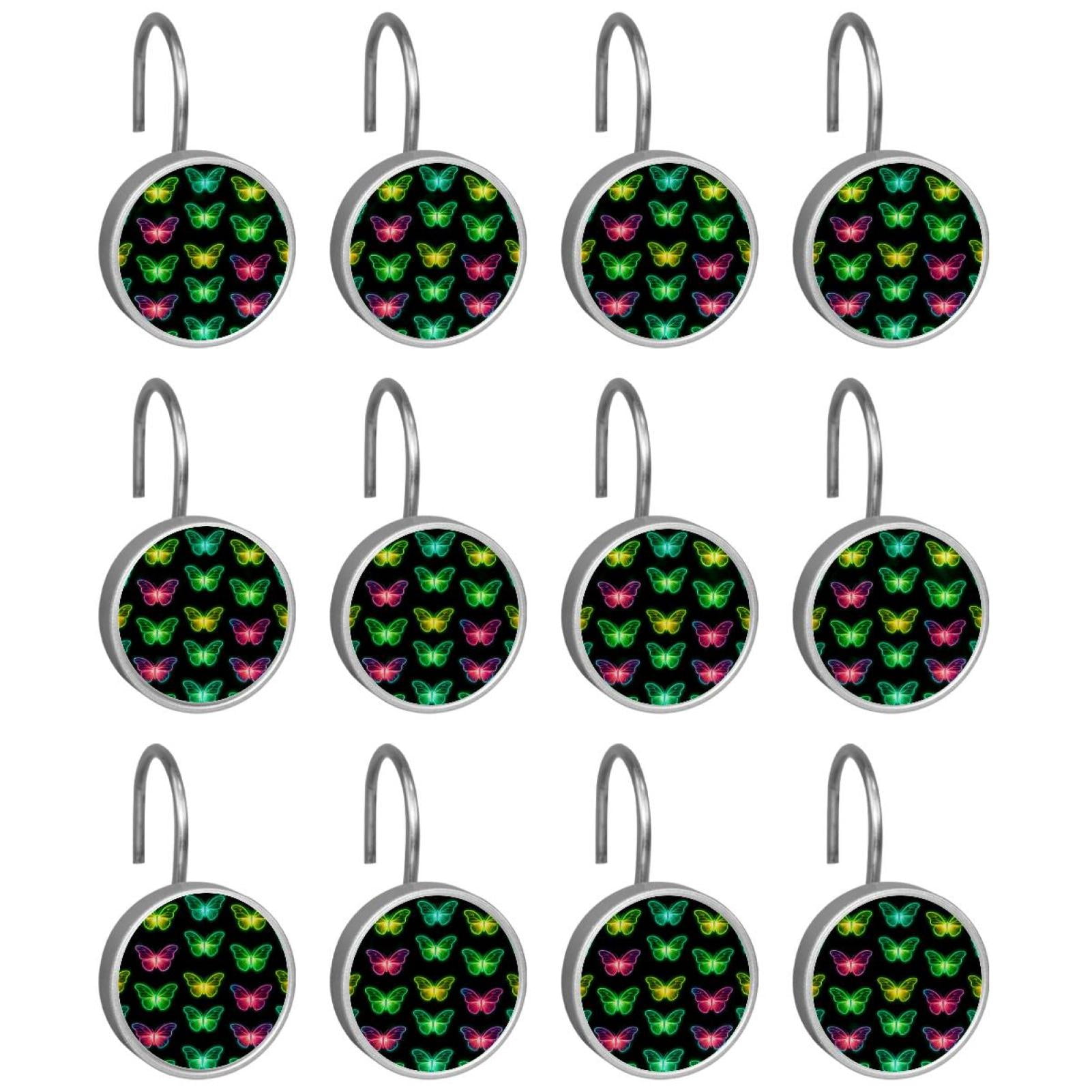 12pcs Decorative Shower Curtain Hooks, Rust Resistant Shower Rings for Bathroom Living Room,Rustproof Stainless Steel Rings for Shower Curtain and Liner Rods,Neon Light Butterflies