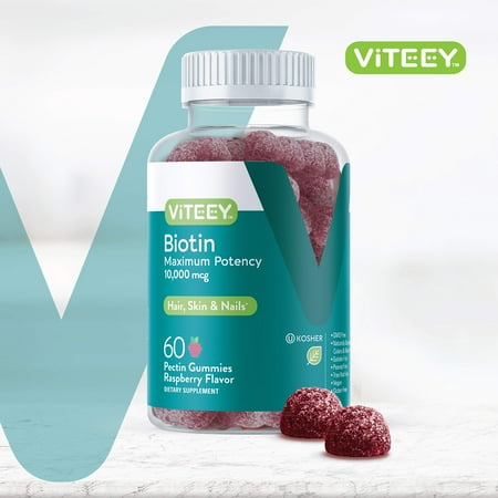 VITEEY Biotin Gummies 10,000 mcg, Hair Skin and Nails, Raspberry Flavor, 60 Count, 1 Pack