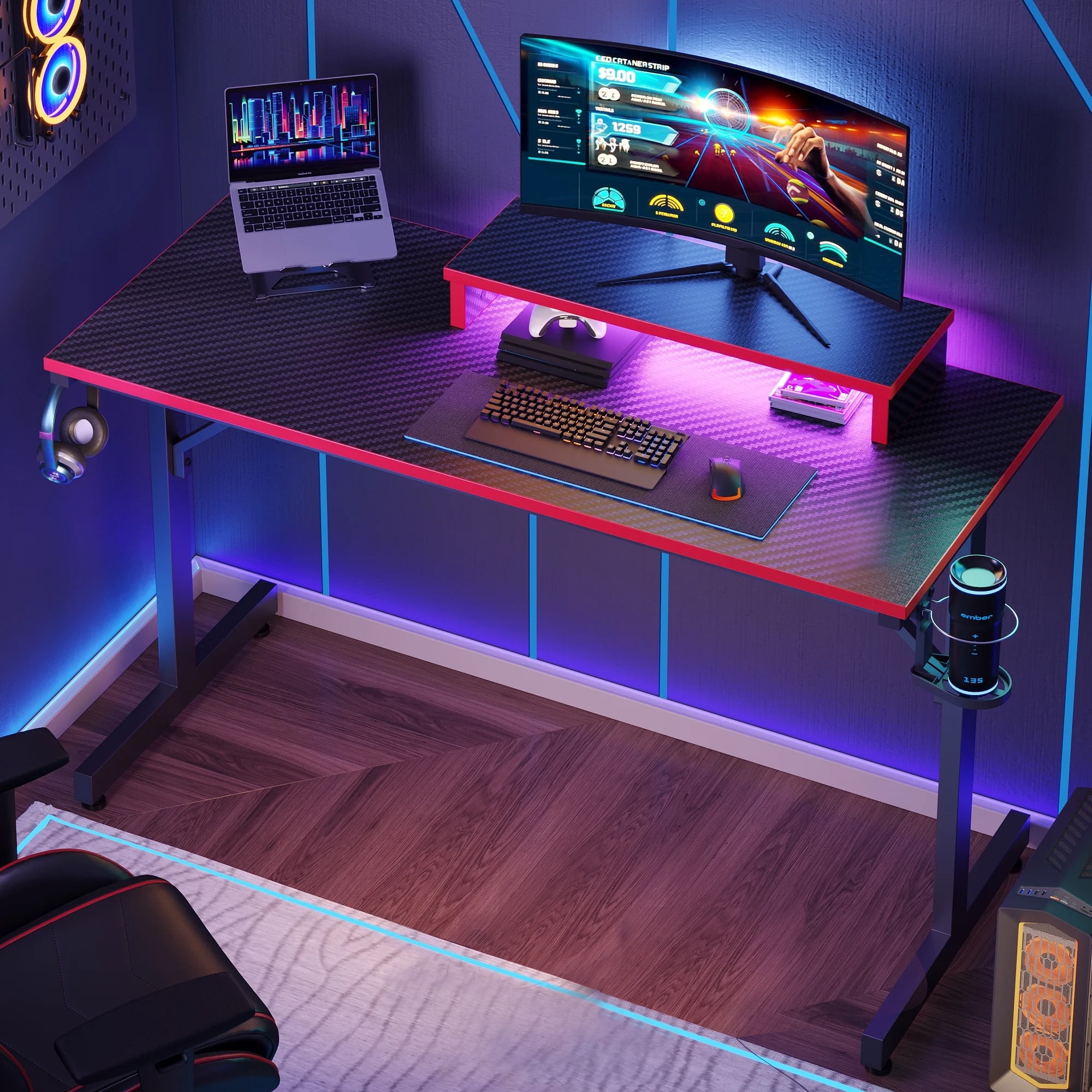 Bestier 42" Gaming Desk PC Computer Office Gamer Table Desk with LED Lights & Monitor Stand in Red