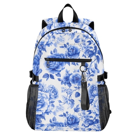 JIALIOU 14 Laptop Backpack Waterproof Airline Approved Stylish Casual Daypack for Travel Business College Work Blue White Porcelain with Roses