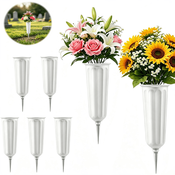 5 Pack White Cemetery Vases with Spikes Grave Decorations for Cemetery Memorial Floral Vases for Cemetery Decorations Fresh or Artificial Flowers