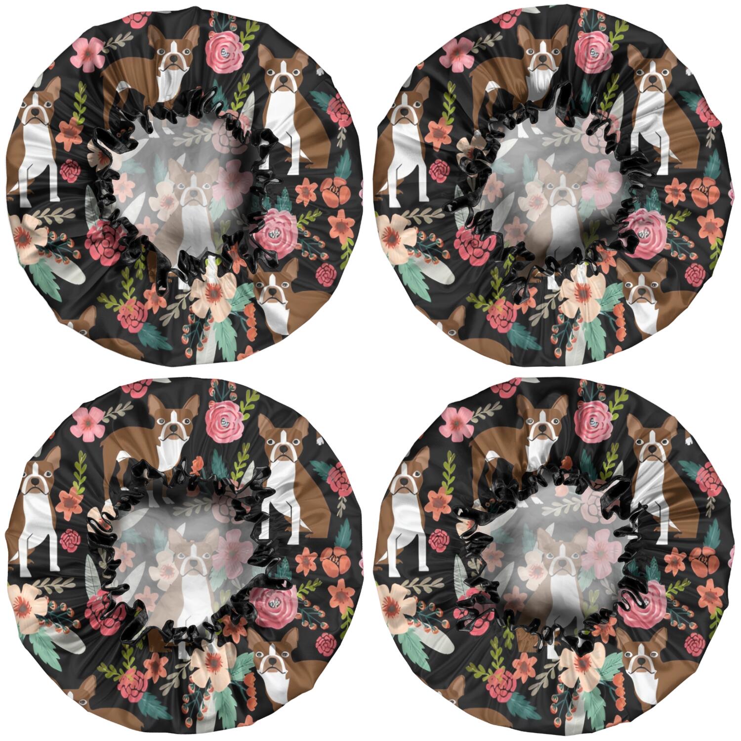 Shower Caps,Boston Terrier Dog with Pioneer Flower Waterproof Shower Cap for Women 4 Pieces,Double Reusable Hair Cover for Shower PEVA Elastic Stretch Hem