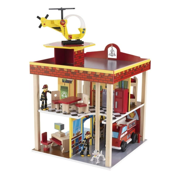 KidKraft Ensemble de Caserne de Pompiers en Bois pour Jeu à 360 Degrés - Construction en Bois, Portes de Garage Fonctionnelles, Figurines Pliables, Jouet pour Jeunes Enfants, avec Instructions, Scree Fr