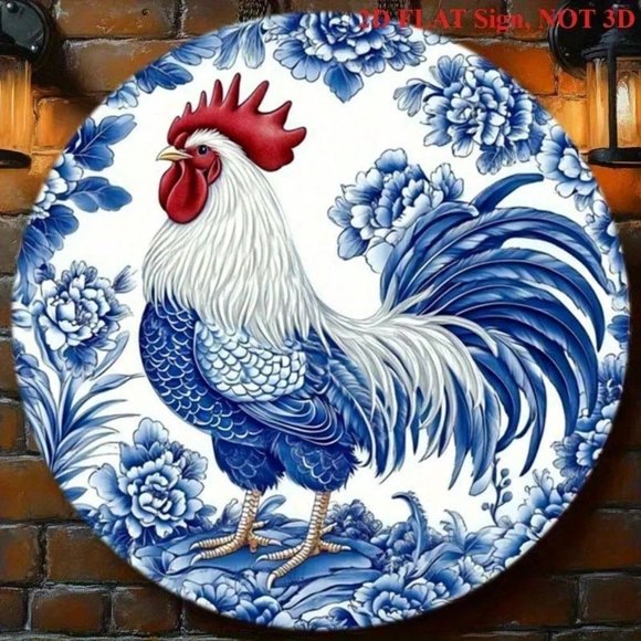 Vintage Rooster Wall Art 8x8 Inch, Blue White Porcelain Tin Sign, Rustic Farmhouse Metal Plaque for Kitchen Home Decor