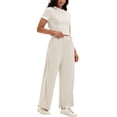 thumbnail image 4 of Conjunto de sudadera de dos piezas de verano para mujer ATHLECHIC, con camiseta de manga corta y cuello redondo, pantalones anchos, talla XL, color caqui, 4 of 5