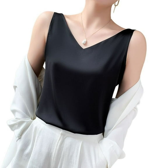SWSMCLT Women's V Neck Top Soft Satin Loose Cooling Fall Spandex Slimming Cami Shirt Vest Summer Sleeveless Black Small