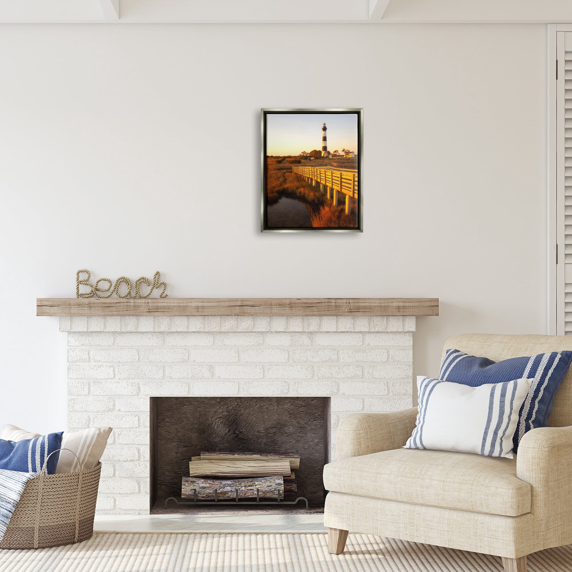 Stupell Industries Bridge to Lighthouse Nature Photography Gray Floater Framed Canvas Art Print Wall Art, 17 x 21