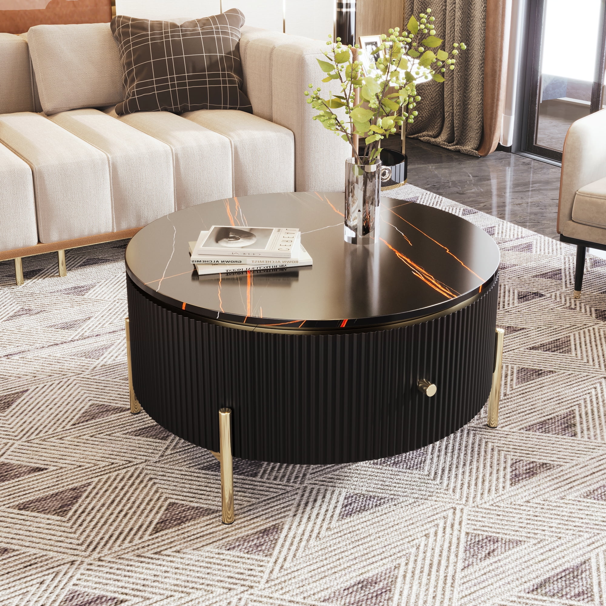 Euroco Modern Round Coffee Table with 2 large Drawers Storage Accent Table(31.5'')