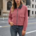 thumbnail image 2 of Unir Leather Collar Corduroy Bomber Jacket for Women, Zip Front, Relaxed Fit Casual Outerwear with Patch Pockets, 1 Piece, XS-L, 2 of 7