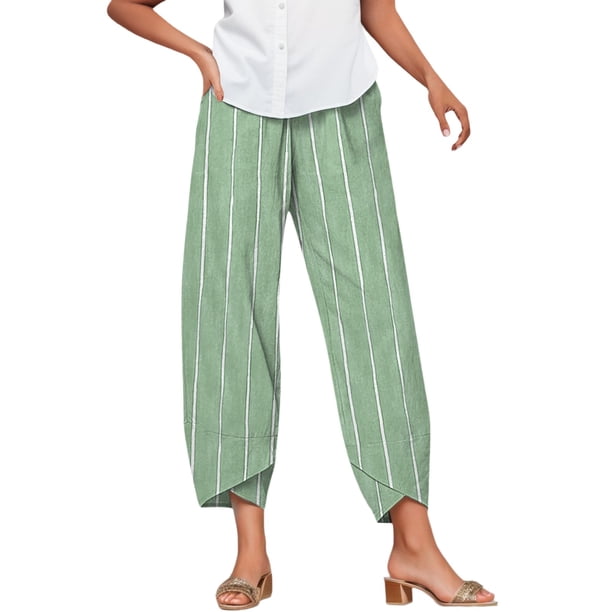 Gibobby pantalones jogger mujer Pantalones para mujer Pantalones palazzo Pantalones holgados cómodos de lino de algodón recortados con estampado de verano con bolsillos (Verde, XXL)