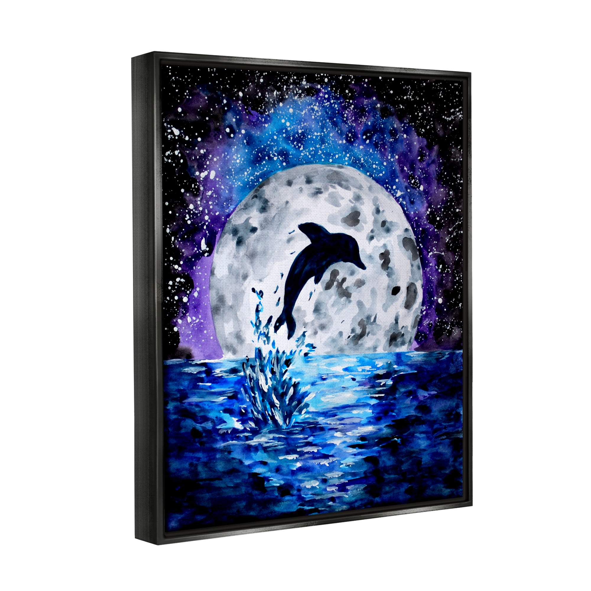 Stupell Industries Dolphin Full Moon Splash Animals & Insects Painting Black Floater Framed Art Print Wall Art, 17 x 21