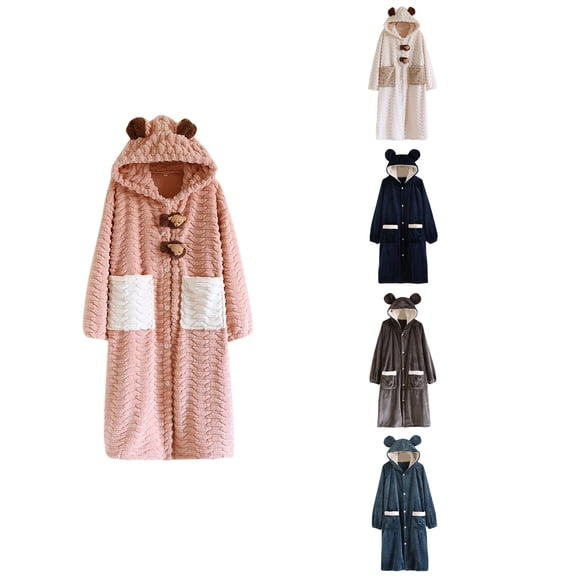 Antinious Women Casual Hooder Solid Long Sleeve Thickened Long Sleepwear Knit Robe,Winter Robes for Women,Women Pajamas Bathrobes,Beige,L