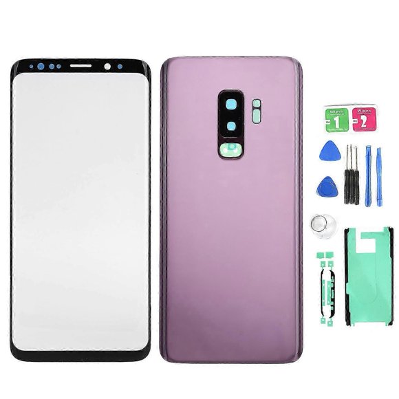 unique Phone Rear Back Glass Cover Front Screen Glass Lens Replacement Set for Samsung S9+ G965(Purple )