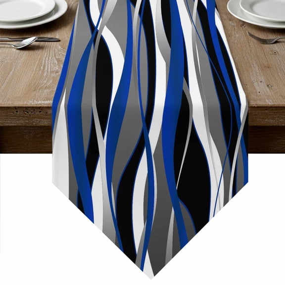 Blue Black Stripes Table Runner Linen Burlap Table Runner 72 Inches Long Modern Abstract Ombre Grey White Lines Dresser Scarves for Kitchen Island Coffee Dining Party Wedding Holiday Decor 14"x72"