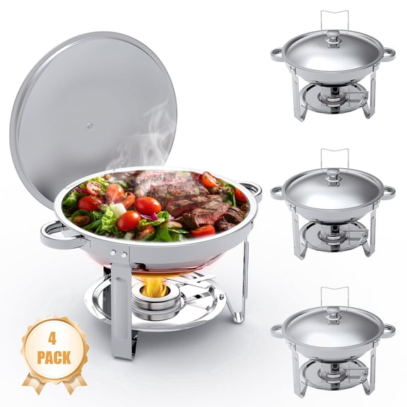 Consiwa Chafing Dishes for Buffet, 4 Pack 6QT Round Stainless Steel Food Warmers with Lids, Catering Supplies for Parties, Event Dinners & Weddings, Silver Set