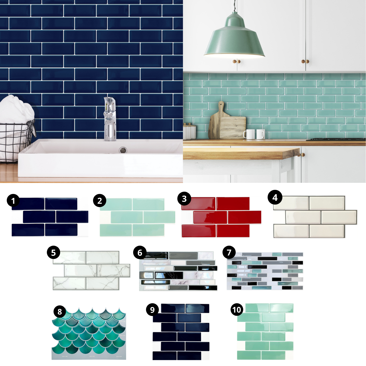 Walplus Removable Self-Adhesive Vinyl Home Living Bedroom Kitchen DecorGift Blue Tiles Wall Stickers Peel and Stick Tiles,Tile Paint,Tile Sticker,Backsplash Tile,Splashback 