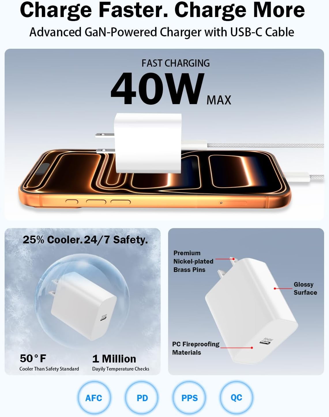 iPhone 17 16 15 Charger Fast Charging,2-Pack 40W GaN III USB C Charger Block & 60W [10ft Woven] USB C Cable, PD3.0 PPS for iPhone 17/16/15 Pro Max,Samsung Galaxy S25,iPad,MacBook,AirPods,Pixel,Switch