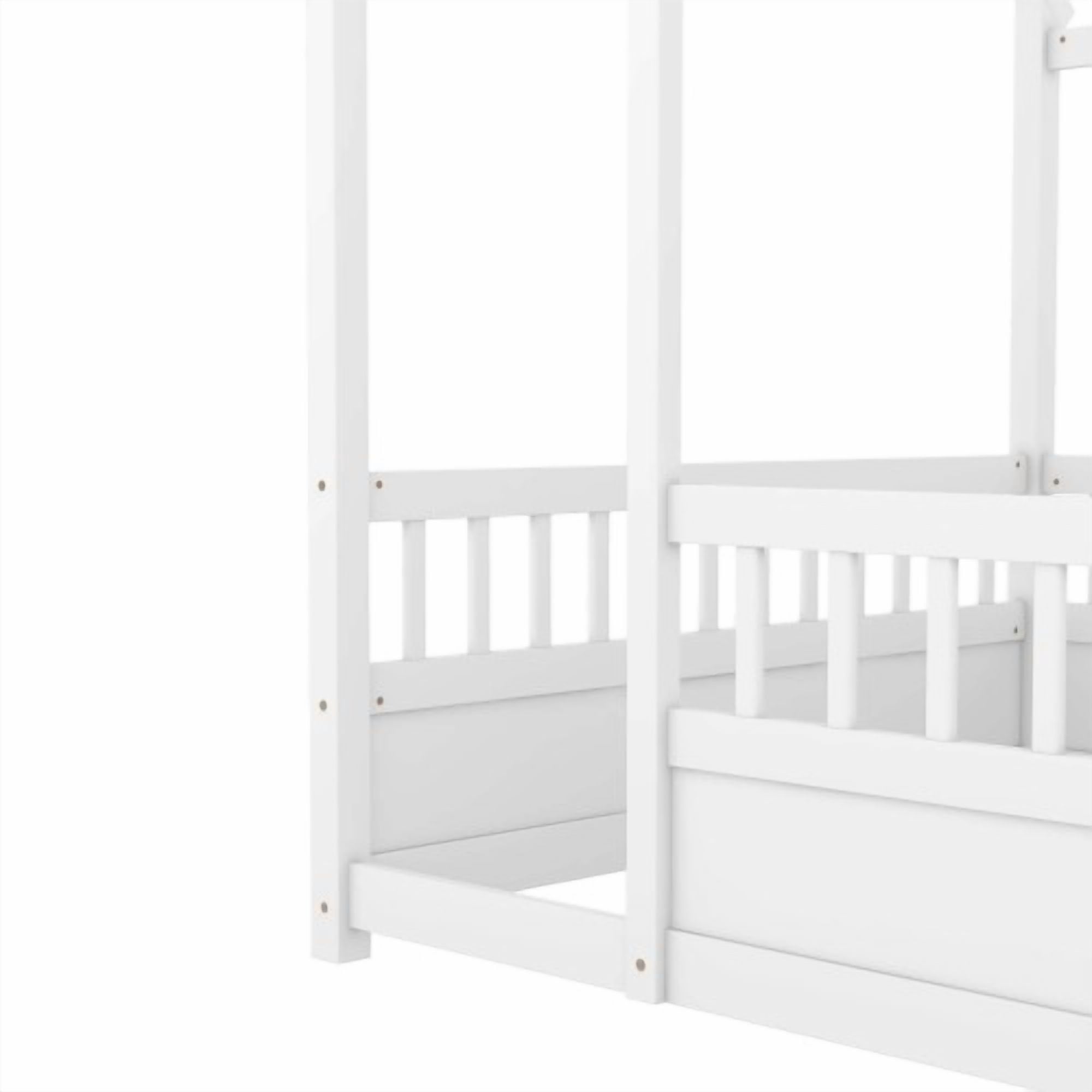 Bellemave Full Size House Floor Bed, Wood Full House Bed with Fence, Safe Playhouse Montessori Floor Bed, White
