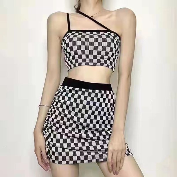 VISgogo Conjunto de 2 piezas de verano para mujer, blusas cortas a cuadros a cuadros + conjunto de falda de cintura alta para damas, negro blanco/negro albaricoque VISgogo moda