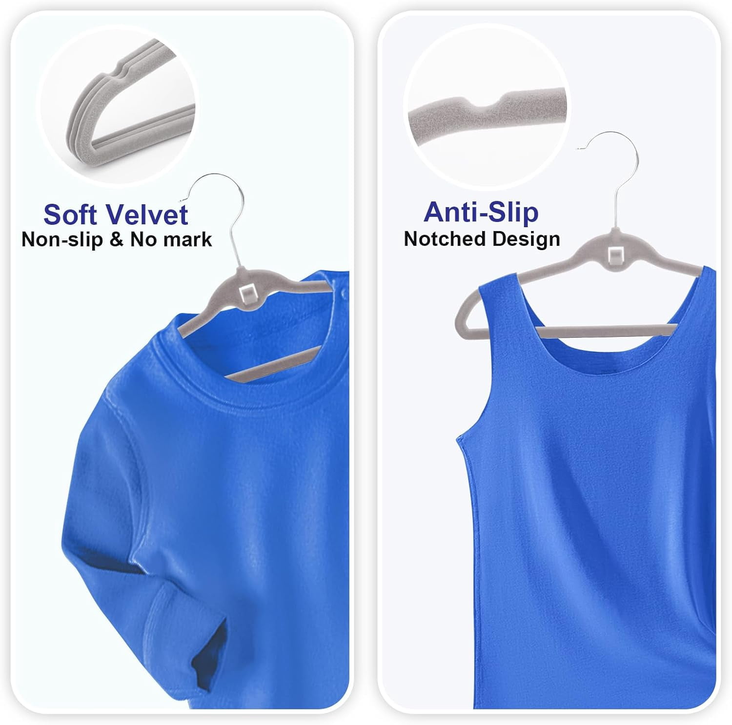 Pack of 30 Kids Velvet Hangers, Non-Slip Space-Saving with Cascading Mini Hooks, Multi-Color (Navy Blue, Light Blue and Grey) Baby and Toddler Clothes Organization