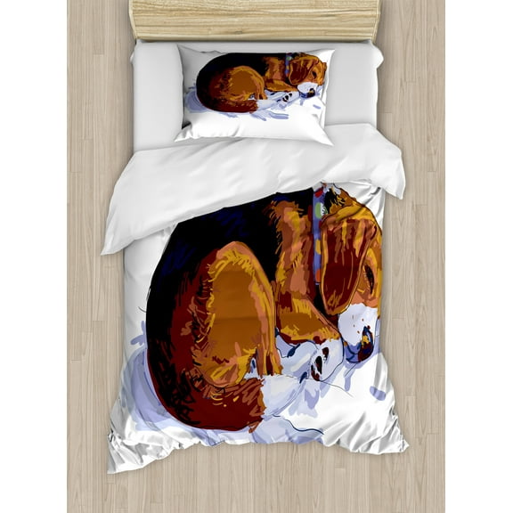 Beagle Duvet Cover Set, Sketch Drawing Doodle Style Loyal Friend Sleeping on Plain Backdrop, Decorative 2 Piece Bedding Set with 1 Pillow Shams, Twin Size, Black Pale Caramel, by Ambesonne