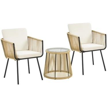 Topeakmart 3-Piece Outdoor Metal Frame Wicker Bistro Set with 2 Chairs, Tempered Glass Tabletop, Tan