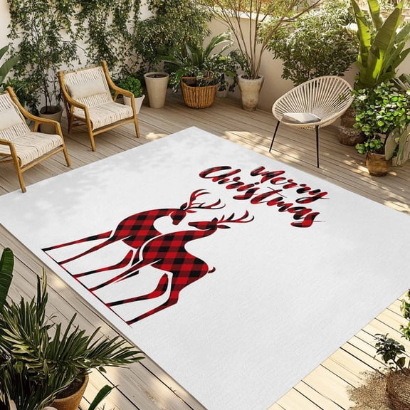 Fsddascl Merry Christmas Outdoor Rug for Patio/Deck/Porch, Non-Slip Large Area Rug 6 x 9 Ft, Plaid Xmas Elk Seasonal Winter Holiday Indoor Outdoor Rugs Washable Area Rugs, Camping Rug Carpet Runner