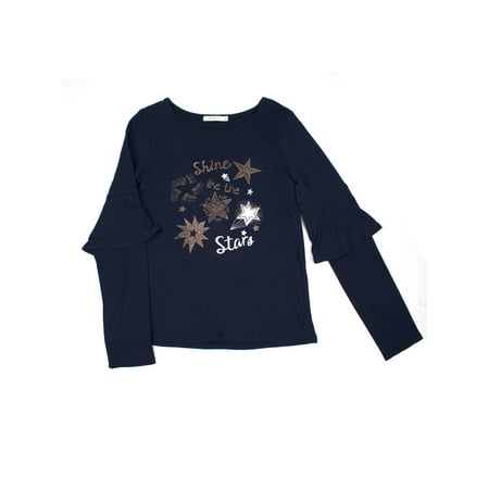 Glitter Graphic Ruffle Sleeve Long Sleeve Tee (Little Girls & Big Girls)