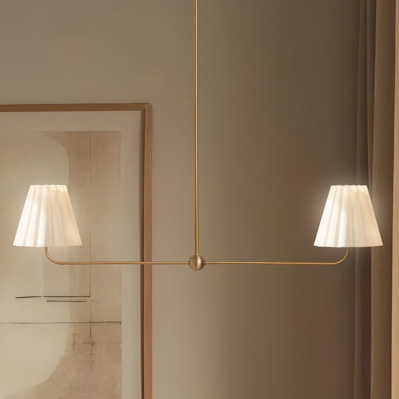 Elegant Linear Brass 2-Light 45 Inch Chandelier, Cleanly Ruffled White Linen Shade Light, Ceiling Mounted Light over Kitchen Island, for Living Room, Dining Room