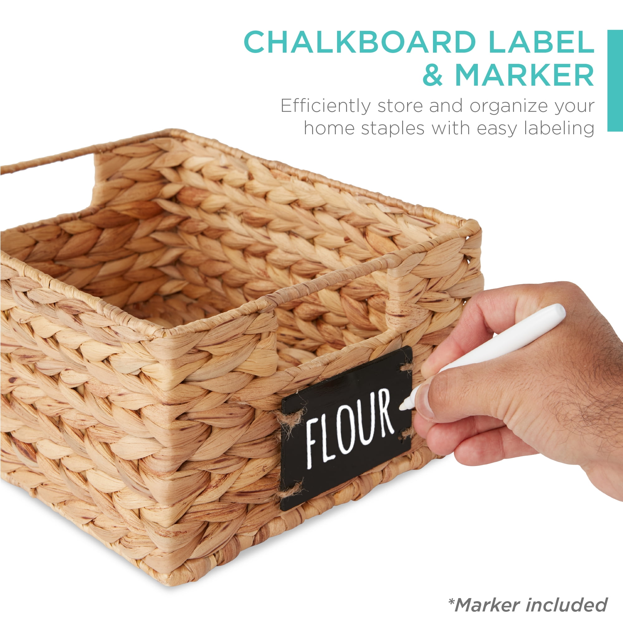 Best Choice Products Set of 4 12in Woven Water Hyacinth Pantry Baskets w/ Chalkboard Label, Chalk Marker - Natural