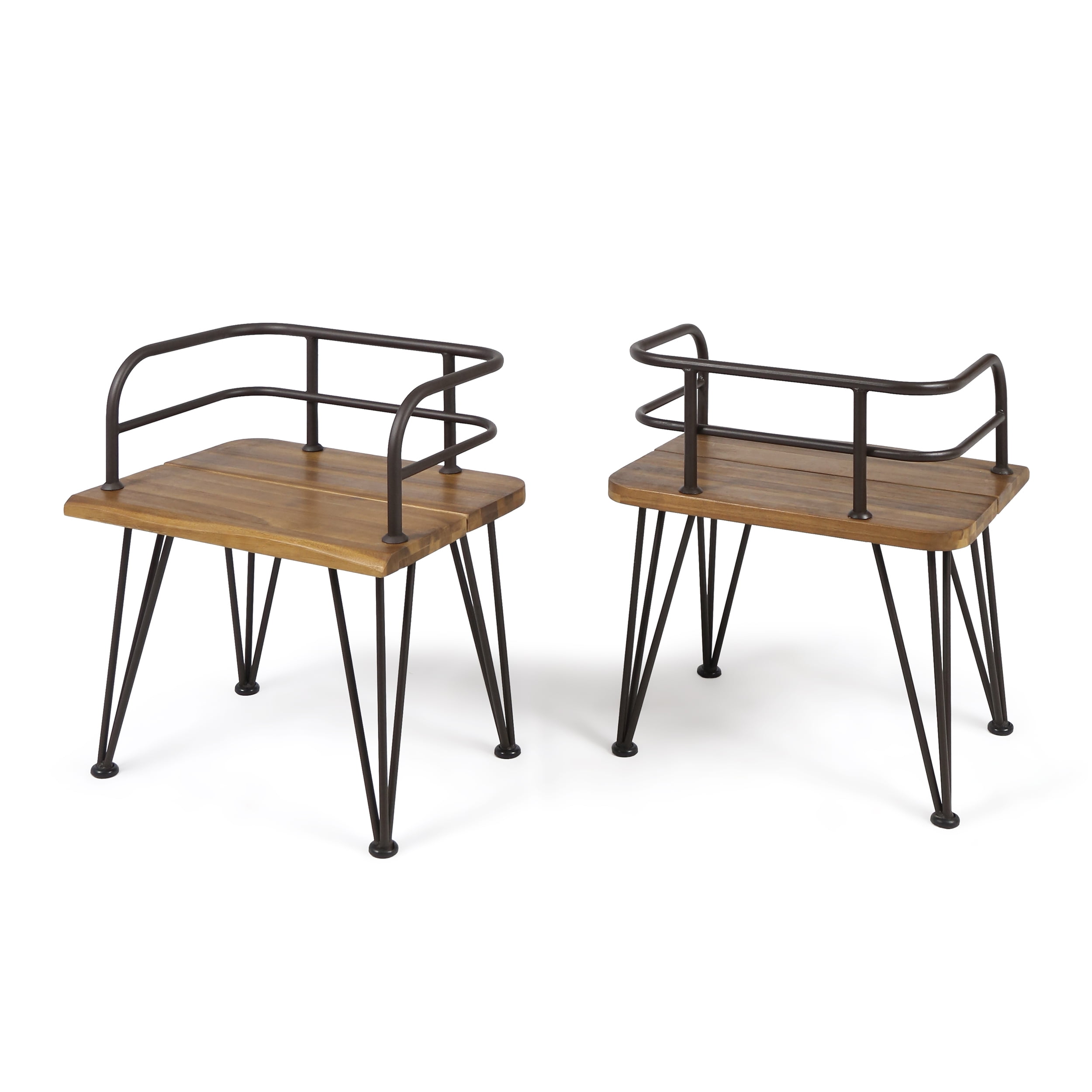 Euroco Set of 2 Rustic Industrial Outdoor Chairs with Acacia Wood Seat and Iron Frame, Teak Finish