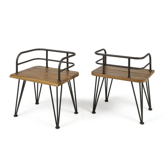 GDF Studio Zach Outdoor Industrial Acacia Wood Chairs with Iron Frame, Set of 2, Teak Finish and Rustic Metal Finish