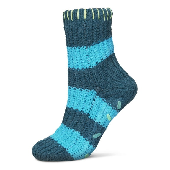 Legmogue Women's Wide Stripe Chenille Non-Skid Slipper Crew Sock - Womens - Female, One Size, Purple Pennant
