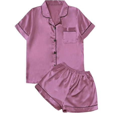 

ZWQIANWEXFED Women s Short Sleeve Satin Sleepwear Button Down Shirt & Shorts Pajama Set