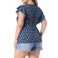thumbnail image 3 of Agnes Orinda Women's Plus Size Blouses Round Neck Floral Tie Waist Short Flare Sleeve Tops 3X Dark Blue, 3 of 5