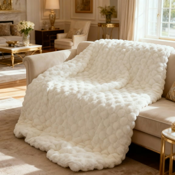 ShellKingdom Faux Fur Throw Blanket, Soft Plush Fluffy Thick Bubble Blanket for Couch Sofa Bedroom Living Room 50 x 60 inches, White