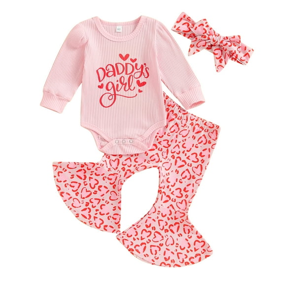 3PCS Cute Baby Girls Clothes Set 3M 6M 12M 18M Toddler Outfits For Spring Heart Letter Print Long Sleeve Rompers Flare Pants Headband Suit Set
