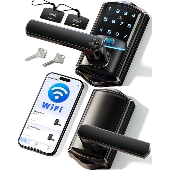 Veise WiFi Smart Lever Lock, Fingerprint Keyless Entry Door Lock with Handle, Built-in WiFi, Remote App Control, IP65 Waterproof, Matte Black