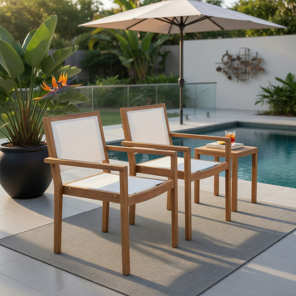 Hommoo 2-Pack Stackable Outdoor Dining Chairs with Acacia Wood Frame & Weather-Resistant Fabric, Ergonomic Design for Patio, Deck, Balcony, White+Natural