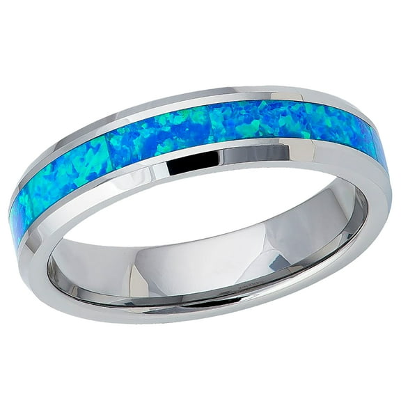 Men's Women's Tungsten Wedding Band Engagement Ring 6mm Synthetic Blue Opal Inlay Ring, SZ 11.5
