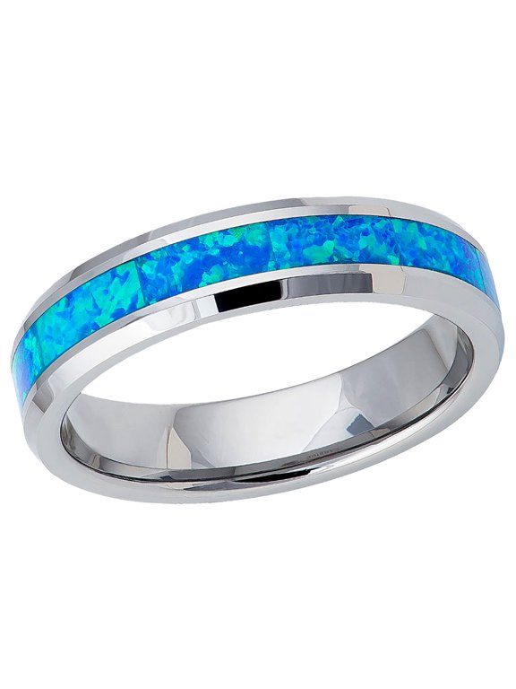 Men's Women's Tungsten Wedding Band Engagement Ring 6mm Synthetic Blue Opal Inlay Ring, SZ 10